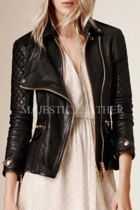 Black Women's Slim Fit Biker Diamond Quilted Real Leather Jacket-BNWT - Bild 1 von 4