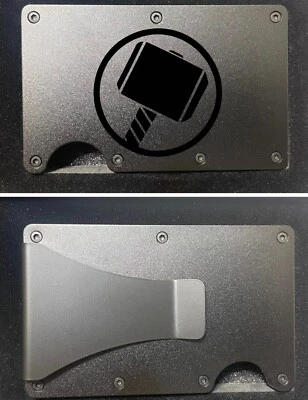 CUSTOM "THOR'S HAMMER MJOLNIR" ENGRAVED SLIM MINIMALIST WALLET - BLACK METAL - Image 1 of 4