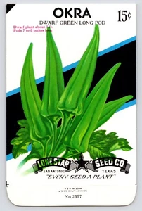 Okra~Dwarf Green~Lone Star Seed Co Ad~San Antonio TX~Vintage Paket~leer - Bild 1 von 2