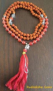 CARNELIAN RUDRAKSHA BUDHA CRYSTAL STONE JAPA MALA ROSARY BEADS MEDITATION YOGA - Picture 1 of 3