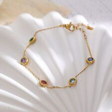 Woman 18K Gold Plated Stainless Steel Multicolor CZ Necklace Chain/Bracelet