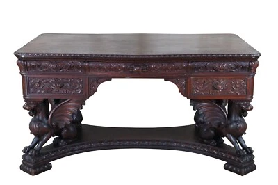 古董RJ Horner雕像雕刻桃花心木格里芬图书馆桌子合作伙伴桌 — 第 1/4 张图片