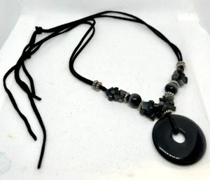 Donut Pendant 1.5”Adjustable Black Cord Reiki Chakra Gray Gemstone Necklace 25” - Picture 1 of 14