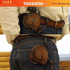 TOURBON Leather Holster Pistol Clip on Belt Handgun Holder w/ Ammo Slot Shooting - Picture 1 of 18