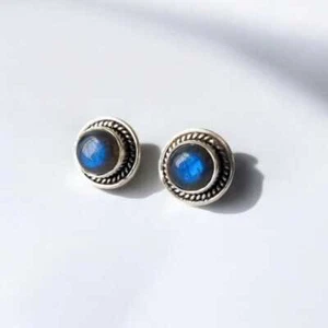 Birthday Gift Sterling Silver Labradorite Stud Earrings Minimalist Round Earring - Picture 1 of 8