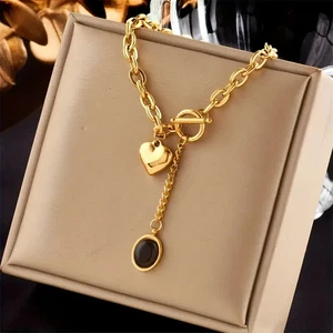 18K Gold Plated Statement Oval Chain With Love Heart Oval Black Enamel Accent - Picture 1 of 6