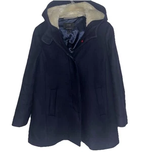 J Crew Coat Womens 6 Petite Italian Wool Hooded Faux Fur Trim Hood Career - Picture 1 of 8