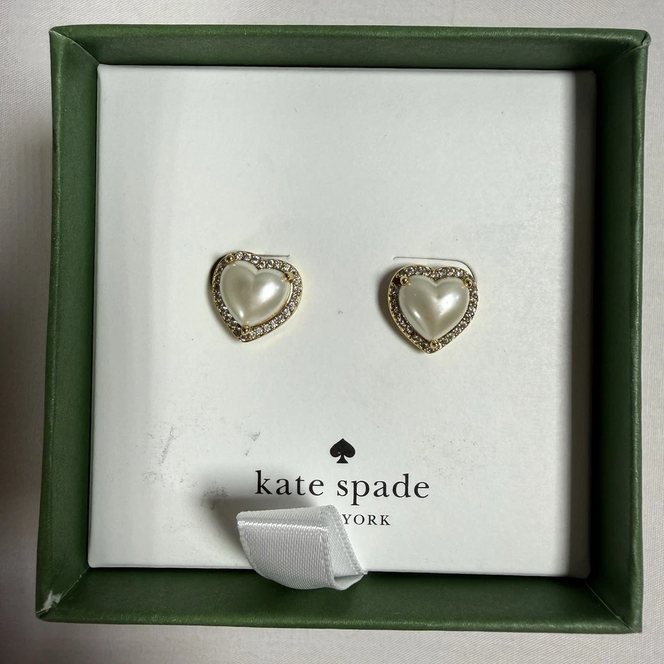 Kate Spade Puffy Faux Pearl Heart Outlined In Cubic Zirconia Post Earrings NWT - Image 1 of 3