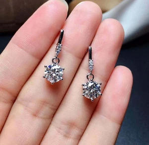 2.00 Ct Round Cut Simulated Diamond Dangle and Drop Earrings 925 Sterling Silver - Picture 1 of 5