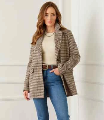 NUEVO Abrigo Blazer Chaqueta Karen Kane ❤ Pequeño Pata de Gallo Marrón Oscuro Forrado De Colección Lana Foto 1 de 4