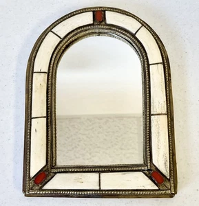 Vintage Moroccan Arch Mirror With Brass Red and White Stone Inlay Wall Decor - Picture 1 of 7