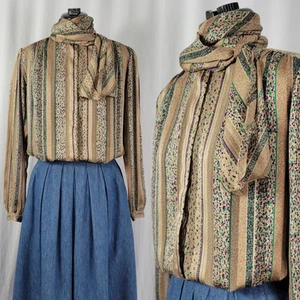 Vintage Nicola Brown Patterned Striped Blouse w Cowl Scarf Neck Size 8 - Picture 1 of 24