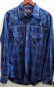Rock & Roll Cowboy Hemd L/S kariert L blau schwarz Perlen Druckknopf Western Style Naht - Bild 1 von 6