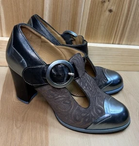 John Fluevog Ilona Black Brown Silver T-Strap Heels Womens 6.5 Retro Wingtip - Picture 1 of 10