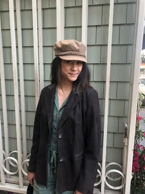 Jaqueta feminina Remy italiana manteiga couro macio marrom peplum lista $1295 - Imagem 1 de 2