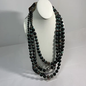 COLDWATER CREEK 3 Tier Wood Bead Turquoise Stone Necklace 21" Brown Blk Blue NEW - Picture 1 of 11