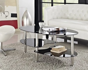 Modern Black Glass & Chrome Oval Living Room Coffee Table With 2 Shelves - Picture 1 of 2