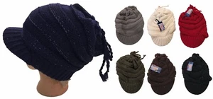Ladies Women Knit Visor Beanie Warm Winter Delux Baggy Hat Ski Cap - Picture 1 of 10