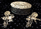 Vintage Trinket BOX SMALL SILVER PLATED INTRICATE with MUSICAL CHARMS EARRINGS