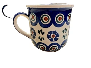 Boleslawiec Wiza Polish Pottery Coffee Tea Mug Blue Red Cream  Flowers 8 oz - Picture 1 of 4
