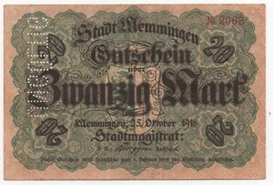 GERMANY MEMMINGEN 20 MARK 1918 EMERGENCY MONEY NOTGELD - Picture 1 of 2