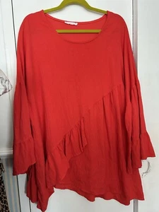 Made In Italy Red Tunic Smock Top Ruffle Hem Bell Sleeves Sz 24 Lagenlook VGC - Picture 1 of 7