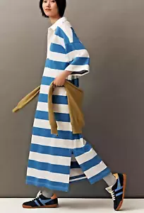 NWT ANTHROPOLOGIE DAILY PRACTICE STRIPED KNIT RUGBY OVERSIZE MAXI DRESS BLUE L - Picture 1 of 4
