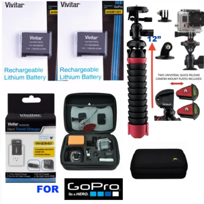 2x Battery for GoPro Hero8 BLACK AABAT-001 + CHARGER + HARD CASE + 12" TRIPOD - Image 1 of 4