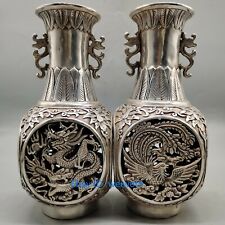 Collection A Pair Old Hollow Tibet Silver Handwork Carved Dragon & Phoenix Vases