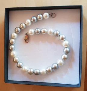 sehr schöne Muschelkern-Perlenkette Halskette 14mm Länge 45cm Weiß, Grau Champag - Bild 1 von 5