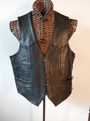 Unik Leather Apparel Ultra Mens Leather Vest Side Ties Size 44 Made In Pakistan  - Image 1 of 4