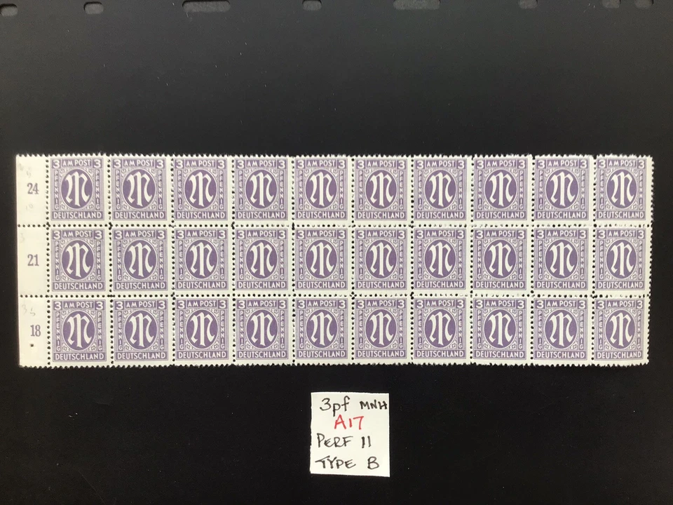 Germany 1945 MNH Brit & American Allied Military Block Of 30 3pf Type B Issues - Image 1 of 1