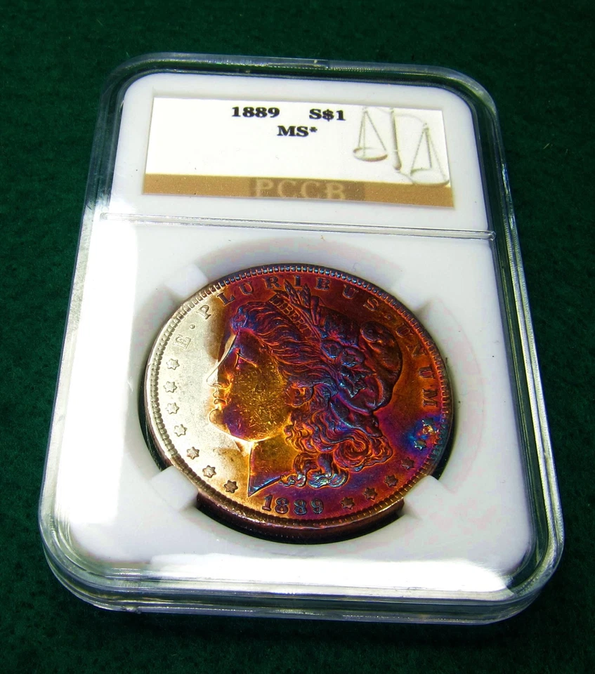 1889 Morgan Dollar Toned Silver ✪ MS ✪ Colorful Rainbow Toning~Gold Magenta Blue - Image 1 of 4