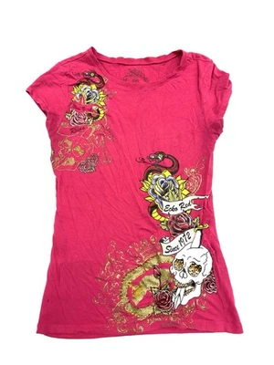 Vtg Y2K Women’s Ecko Hot Pink Babydoll Top Fitted Tattoo Grunge McBling Large - Image 1 of 4