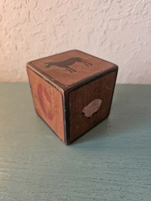 Antique Primitive Wood Toy Block, 3.5 X 3.5, Horse, Sheep, House-Very Good - Image 1 of 4