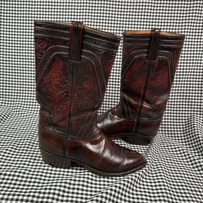 Vintage Lucchese Cowboy Boots Black Cherry Red Western Size Men's 7 / Women's 9 - Image 1 of 4