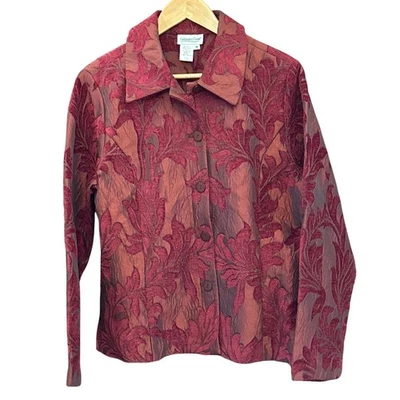 Vintage Coldwater Creek Red Leaf Jacquard Jacket Textured Blazer Fallcore Boho - Image 1 of 4