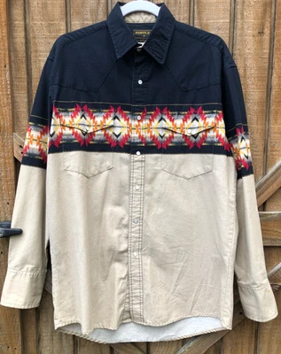 Rustler By Wrangler Pearl Snap Shirt Mens M Black Tan Aztec Western - Image 1 of 4