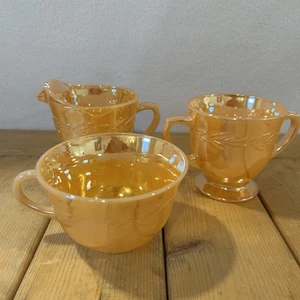 Fire King Peach Lustre Cup, Creamer & Sugar Bowl Trio Anchor Hocking Vintage - Picture 1 of 24