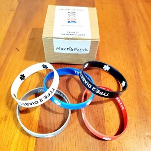 Type 2 Diabetic Max Petals 5 Color Silicone Awareness Med Alert ID Bracelet Pack - Picture 1 of 3