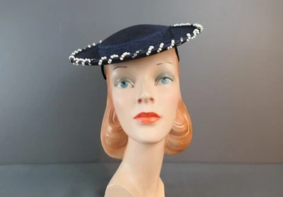 Vintage Dark Blue Saucer Hat with Pearls and Rhinestones, 1950s Homberger's - Image 1 of 4