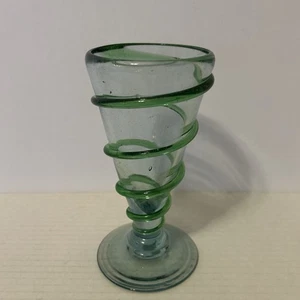 Mexican Hand Blown Green Swirl Glass Goblet Art Glass 6.5” Tall - Picture 1 of 4