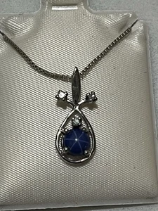 REDUCED! 14K W Gold Blue Star Sapphire 3 Diamond Pendant 18" 925 Necklace 4 Gram - Picture 1 of 6