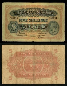 1933 East African Currency Board Five Shillings Banknote Pick Number 20 Nice F++ - Picture 1 of 3