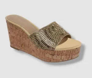 Thalia Sodi Women's Gold Jae Cork Platform Wedge Sandals Shoes Size 6 - Picture 1 of 5