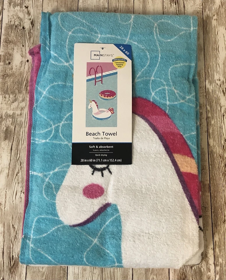 New Beach Towel Unicorn Print Kids Boy Girl Pink Pool 28x60 Soft and Absorbent - Image 1 of 4