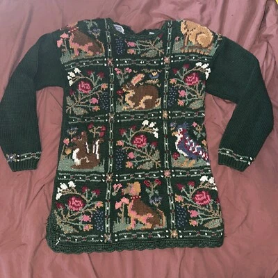 Suéter De Colección Islas del Norte Medio Verde Pájaros Animales Tejido Conejo Perro Ardilla Foto 1 de 3