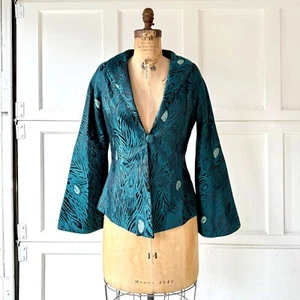 Grace Chuang New York 100% Silk Brocade Blue Peacock Feathers Blazer Jacket Sz M - Picture 1 of 7
