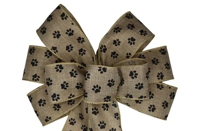 Handmade 10" Black Paw Prints on Natural Linen Ribbon Wired Wreath Bow - Dog Pet - Image 1 of 4