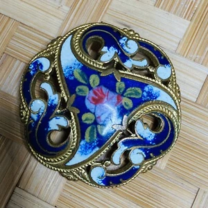 Lg Victorian Enamel Button Rose Flower Scrolled Design Edge Gold Blue - Picture 1 of 3